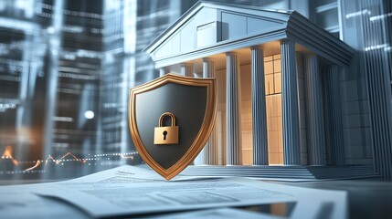 Web banner with bank building and shield indicating security and encryption, padlock and finance document, 3d composition