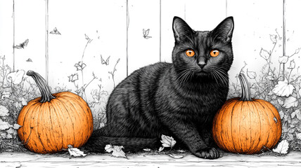 Wall Mural - Black cat and pumpkins. Coloring book.