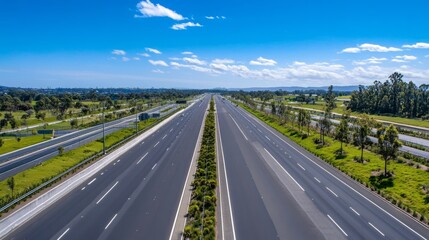 A panoramic shot of an expressway stretching into the distance, flanked by green landscaping and with a clear blue sky overhead, highlighting its expansive nature.