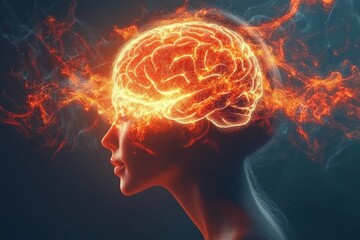 Sticker - Cerebellum Archiving Futuristic digital art of a woman with a fiery brain symbolizing the intensity of ideas and the power of passionate thought