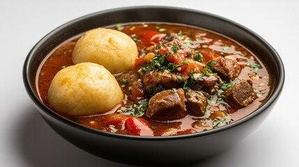 Wall Mural - Beef Stew with Dumplings in a Black Bowl