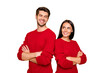 © deagreez - Portrait of charming spouses with crossed hands wear red pullover isolated over yellow background