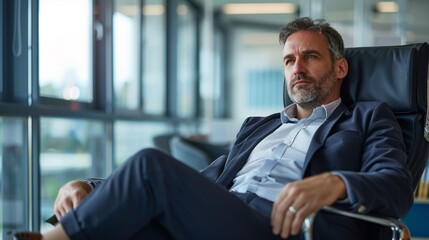 Wall Mural - A man in a suit is sitting in a chair in a room with a window