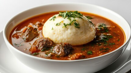 Wall Mural - Beef Stew with Dumpling and Parsley Garnish in White Bowl