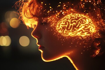 Sticker - Brainstem Archiving Abstract portrait of a woman with a glowing brain on a dark background symbolizing the intensity of thought and the power of ideas