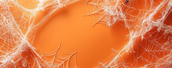 White spider webs on an orange background, creating a spooky, Halloween-themed atmosphere. Free copy space for text.