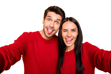 Canvas Print - Close up photo of cheerful spouses grimace take self portrait wear red sweater isolated over yellow background