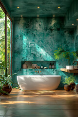 Wall Mural - Modern bathroom with a freestanding white bathtub, rustic teal walls, wooden accents, and lush greenery.