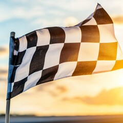 Close-up of a checkered flag fluttering at the finish line, backlit by the setting sun, capturing the victory moment