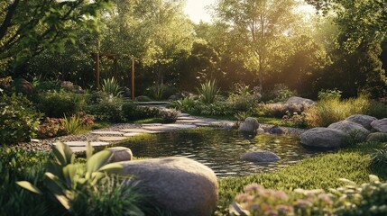 Wall Mural - tranquil garden with details about the plant life and tranquil ponds.