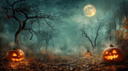 Wall Mural - A Halloween-themed wallpaper featuring a spooky forest with twisted trees and thick fog. The trees are bare, their branches reaching out like skeletal fingers. The ground is covered in dry leaves,