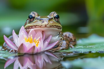 Poster - Green Frog Resting on a Pink Water Lily