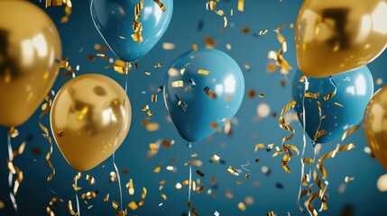 festive holiday background with gold and blue metallic balloons, colorful confetti, and ribbons. per