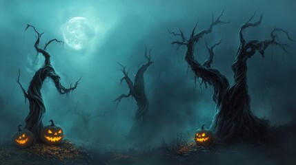 Wall Mural - A spooky Halloween background showcasing a dark, creepy forest with twisted trees and thick fog. The trees are bare, their branches reaching out like skeletal fingers. The ground is covered in dry