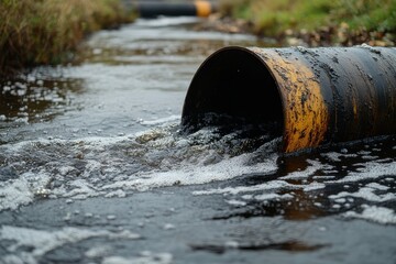 Polluted water flowing from industrial pipe