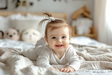 Wall Mural - Happy baby. Cute little newborn girl with smiling face crawling on bed in bedroom. Infant baby resting playing lying down on blanket at home. Motherhood happy child childcare concept , ai