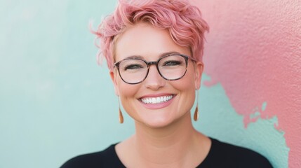 Wall Mural - A cheerful woman with fashionable pink hair poses against a vibrant mural, radiating positivity and style in warm sunshine