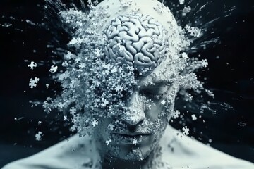 Poster - MS Imagination Surreal digital art of a man with a brain breaking into pieces symbolizing the fragmentation of thought and the struggle for mental clarity