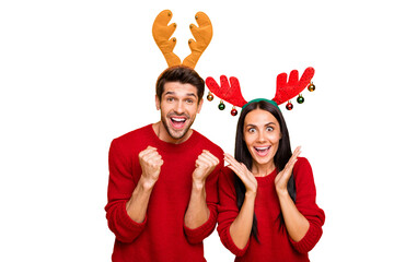 Poster - Portrait of cheerful impressed people scream wow omg wait for resolution theme party wear lifestyle red sweater isolated over yellow background