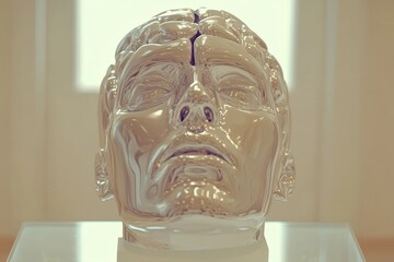 Poster - Lewy body dementia Imagination Minimalist sculpture of a human head with a metallic brain symbolizing the integration of technology and the mechanical nature of thought