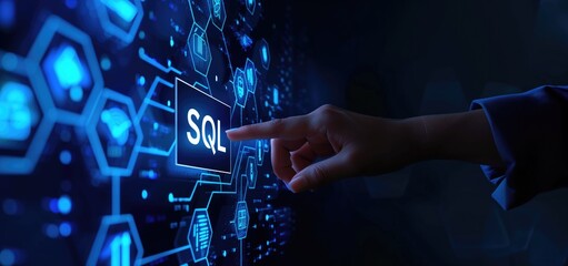 Finger pointing at SQL button on futuristic digital interface. Structured Query Language concept.