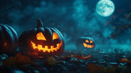 Carved pumpkins are glowing in the dark, celebrating halloween night under a bright full moon