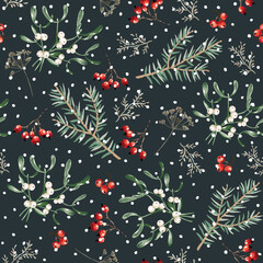 Wall Mural - Christmas seamless pattern, mistletoe, fir twigs, red berries, snow, black night background. Vector illustration. Forest nature design. Season greeting. Winter holidays