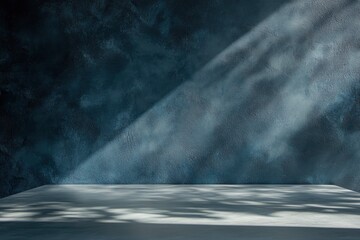 Empty table on dark blue texture wall background. Composition with organic shadow on the wall and light reflections. Mock up for presentation, branding products, cosmetics food or jewelry , ai