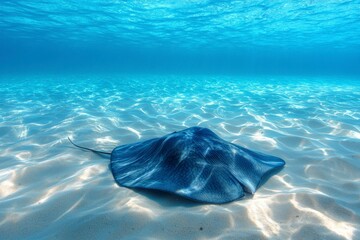 Sticker - Underwater View of a Stingray Resting on Sandy Ocean Floor