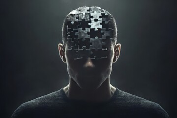 Canvas Print - Hydrocephalus Imagination Cinematic portrait of a man with a face covered in puzzle pieces symbolizing the complexity of thought and the challenge of self discovery