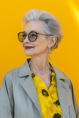 Sticker - A woman in a yellow shirt and gray jacket is smiling. She is wearing glasses and earrings