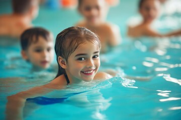 Wall Mural - A young girl is smiling and splashing in a pool with other children. Scene is happy and playful