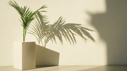 Wall Mural - soft sunlight illuminates a white pedestal while palm leaves create delicate shadow patterns on the 