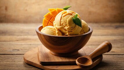 Wall Mural - mango ice cream scoop on a wooden bowl concept background