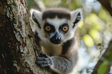 Sticker - Close-up of a Ring-tailed Lemur's Face and Hand on a Tree Trunk