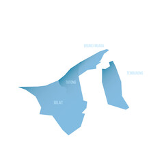 Wall Mural - Brunei political map of administrative divisions - districts. Shaded vector map with 3D-like blue gradient and name labels