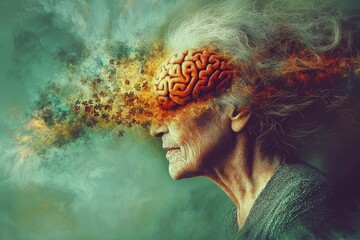 Canvas Print - ALS Brainstorming Surreal portrait of an elderly woman with brain visuals symbolizing the explosion of ideas and the intense mental activity in later life