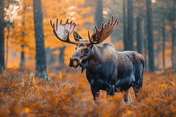 Wall Mural - Moose with Large Antlers Standing in Autumn Forest