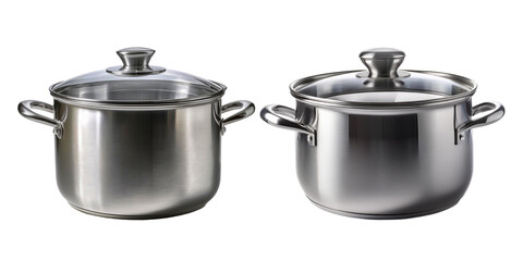 stainless steel pots isolated, two pots with lids that say  the lid  on the bottom.