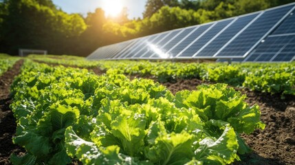 Wall Mural - Lush green lettuce fields under bright sunlight with solar panels in the background, showcasing sustainable farming practices