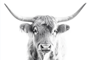 Highland cattle on an isolated white background. Highland cattle are known for their long hair and long, curved horns. Black and white.