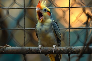 Wall Mural - A Cockatiel Perched on a Branch with its Mouth Open in a Cage