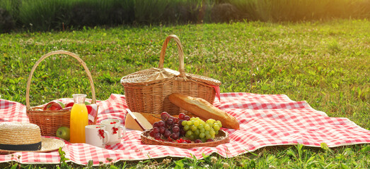 Poster - Picnic blanket with wicker basket, snacks and juice and on green grass during sunny day. Banner design with space for text