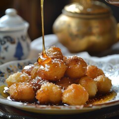 Wall Mural - A serving of loukoumades, Greek honey puffs drizzled with honey and sprinkled with cinnamon, served on a decorative plate