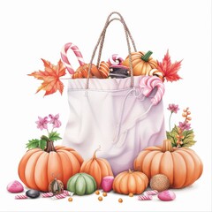 Wall Mural - Autumn Pumpkin Candy Bag White Background Watercolor Illustration