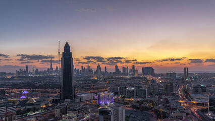 Wall Mural - Aerial view luxury city at warm evening in luxury Dubai city, United Arab Emirates Timelapse