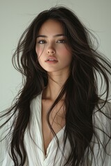 A young woman with long, dark hair and a serene expression gazes into the distance, perfect for beauty, fashion, or lifestyle content showcasing natural beauty and elegance,