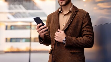 Fashionable guy with a phone, close-up. Modern man with a smartphone in his hands.