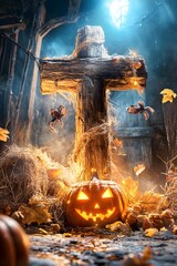 Wall Mural - Halloween Pumpkin and Cross.