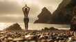 © tiagozr - Woman in yoga pose on beach at sunrise or sunset.